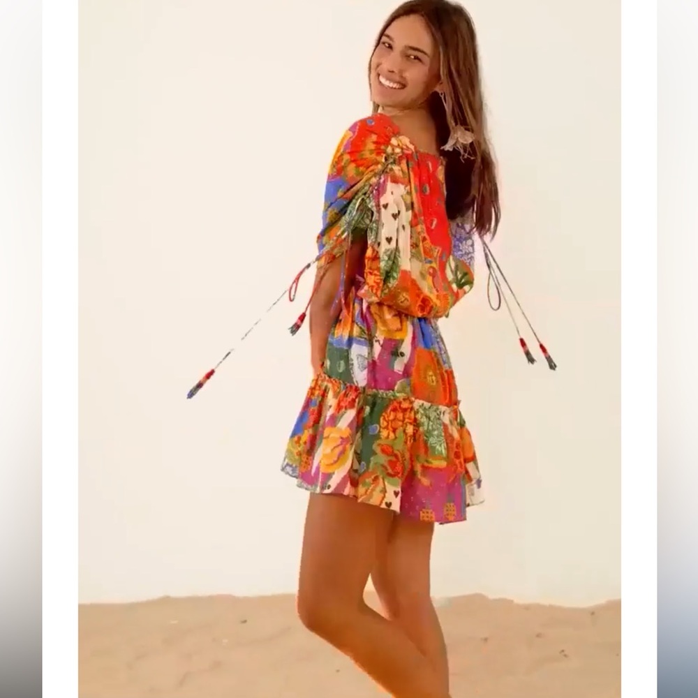 Farm Rio Sunny Mix Mini Dress Floral Colorful Tiered Bohemian Size Small New - Picture 3 of 4